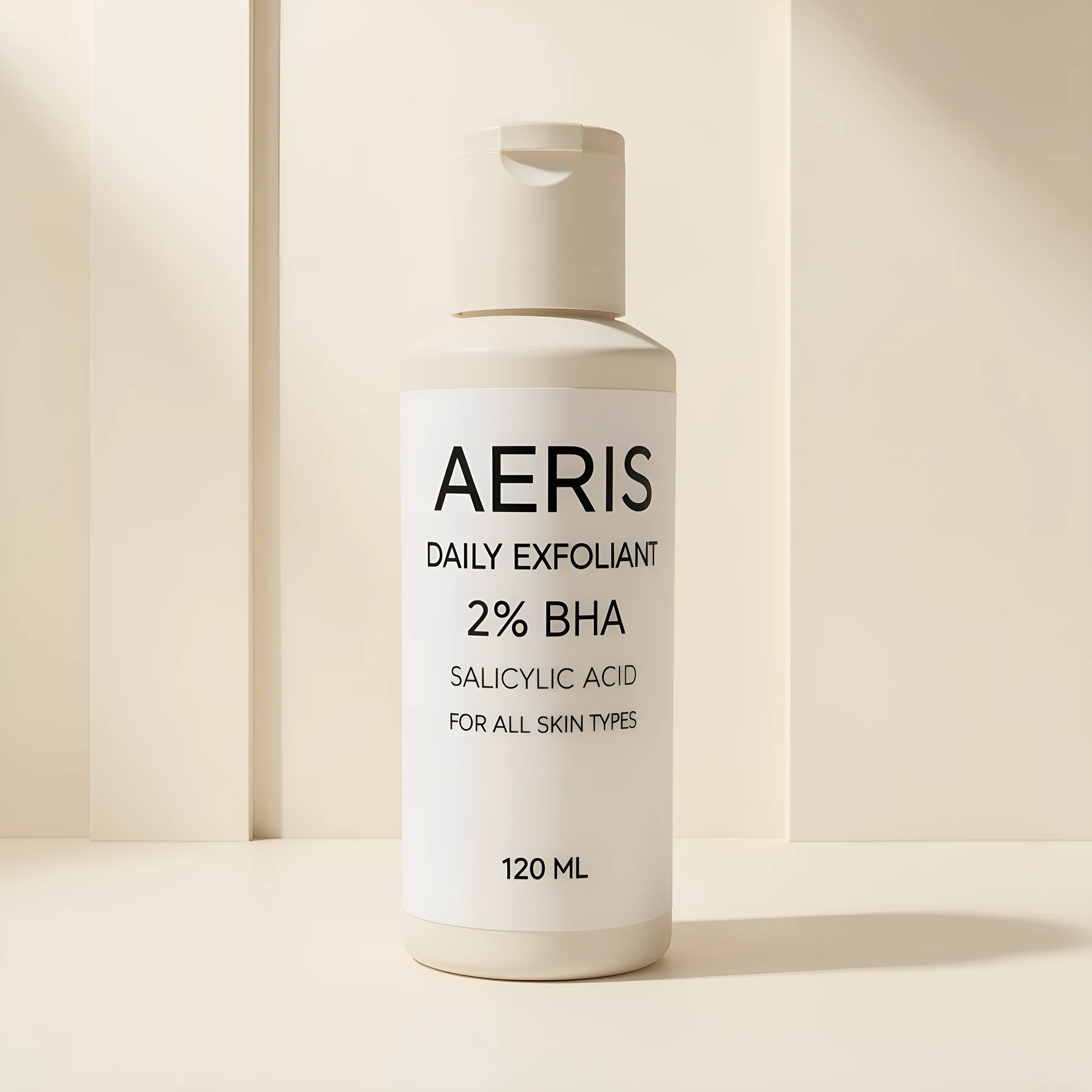 Clean studio campaign image of the AERIS exfoliant bottle